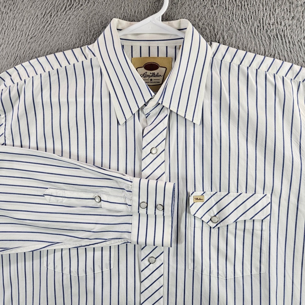 Larry Mahan Mens Western Pearl Snap Shirt Large Blue White Stripe Cotton